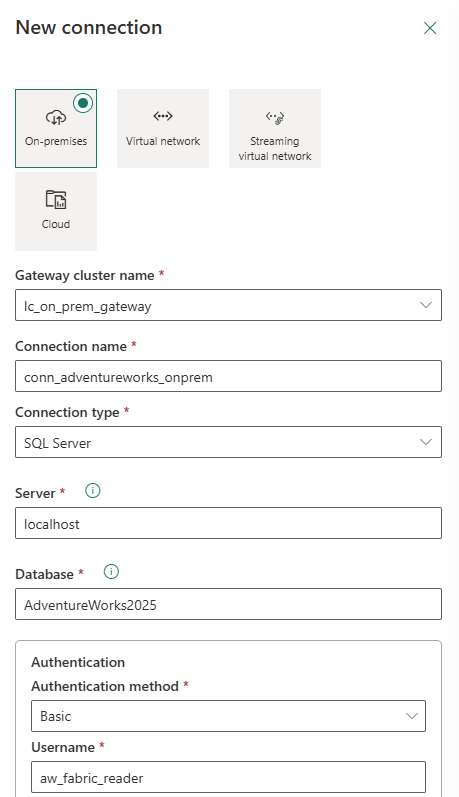 New connection panel — On-premises type, lc_on_prem_gateway, SQL Server, localhost, AdventureWorks2025